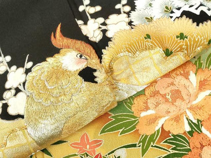 平和屋着物▼豪華黒留袖　刺繍　尾長鳥花文　金銀糸　正絹　逸品　DABI5353op