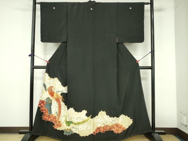 平和屋着物▼豪華黒留袖　駒刺繍　尾長鳥枝梅文　金彩　正絹　逸品　DABI5355op