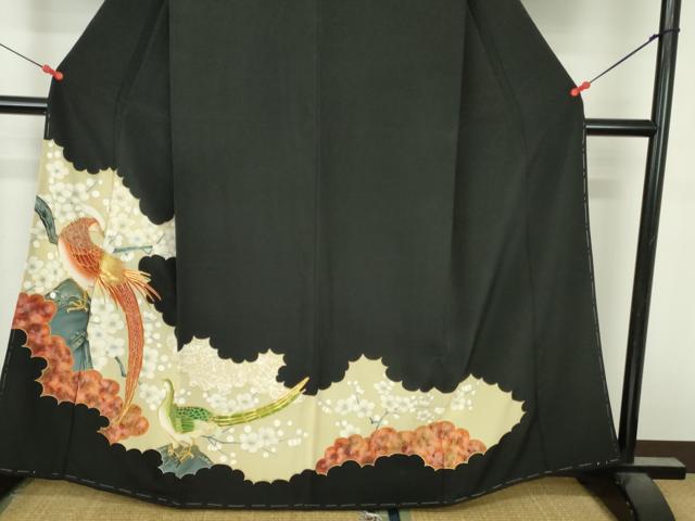平和屋着物▼豪華黒留袖　駒刺繍　尾長鳥枝梅文　金彩　正絹　逸品　DABI5355op