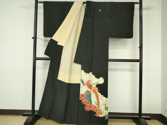 平和屋着物▼豪華黒留袖　駒刺繍　尾長鳥枝梅文　金彩　正絹　逸品　DABI5355op