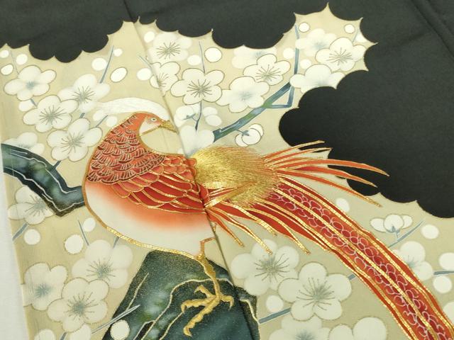 平和屋着物▼豪華黒留袖　駒刺繍　尾長鳥枝梅文　金彩　正絹　逸品　DABI5355op