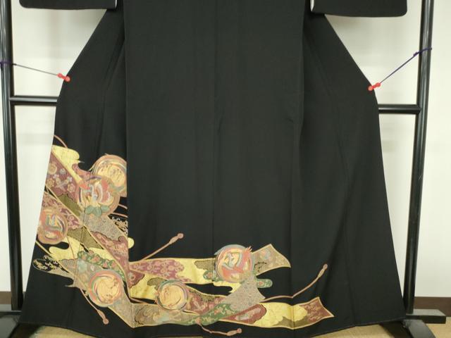 平和屋着物▼中国三大刺繍　スワトウ刺繍　汕頭刺繍　黒留袖　宝尽くし　花鳥丸文　金彩　正絹　逸品　DABI5356op
