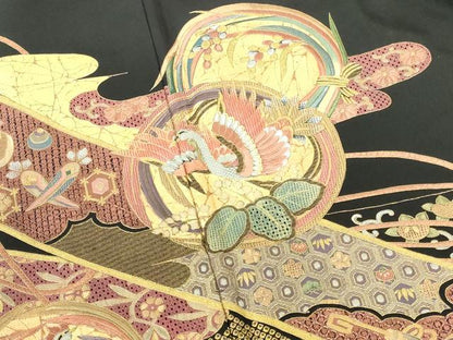 平和屋着物▼中国三大刺繍　スワトウ刺繍　汕頭刺繍　黒留袖　宝尽くし　花鳥丸文　金彩　正絹　逸品　DABI5356op