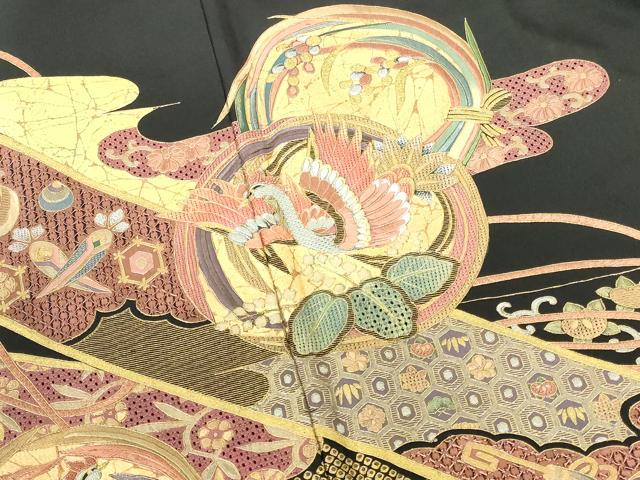 平和屋着物▼中国三大刺繍　スワトウ刺繍　汕頭刺繍　黒留袖　宝尽くし　花鳥丸文　金彩　正絹　逸品　DABI5356op