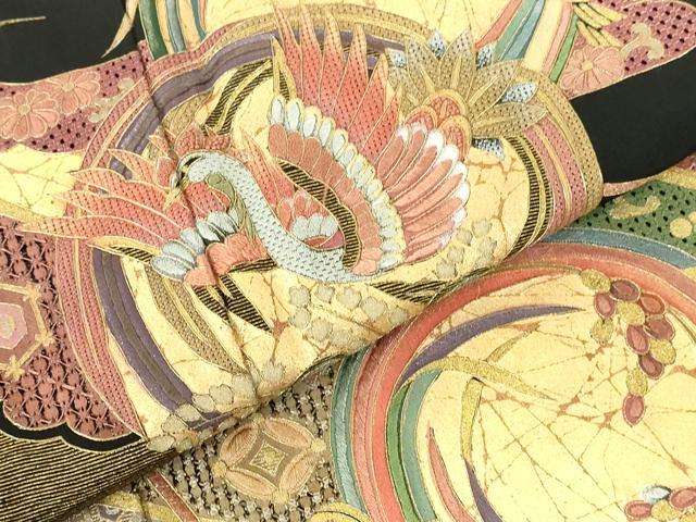 平和屋着物▼中国三大刺繍　スワトウ刺繍　汕頭刺繍　黒留袖　宝尽くし　花鳥丸文　金彩　正絹　逸品　DABI5356op
