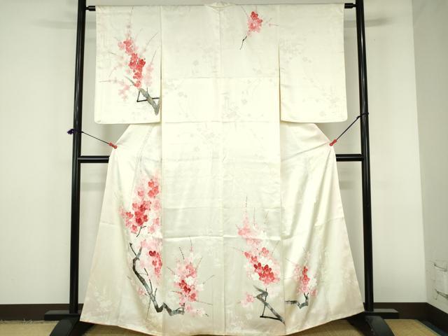平和屋着物▼訪問着　手描き　枝梅　正絹　逸品　DABI5357op
