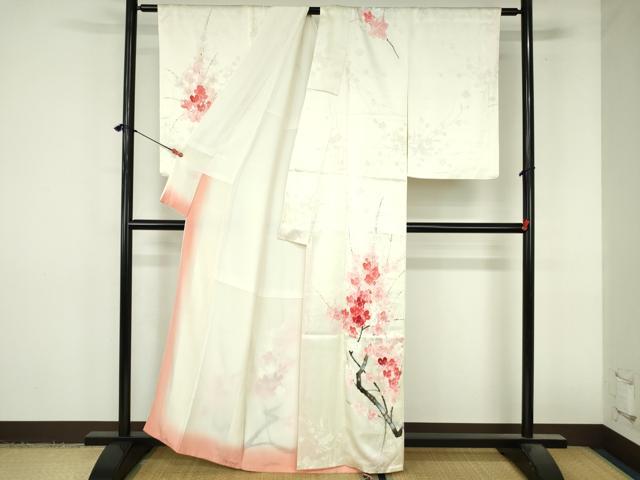平和屋着物▼訪問着　手描き　枝梅　正絹　逸品　DABI5357op