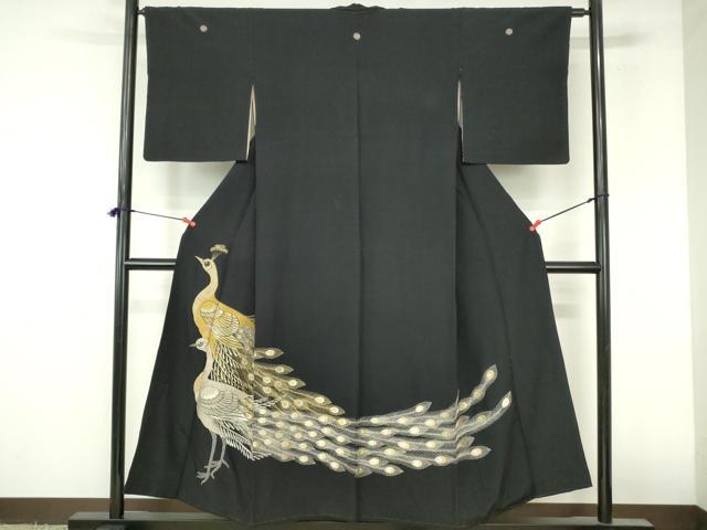 平和屋着物▼豪華黒留袖　総刺繍　孔雀　金銀糸　正絹　逸品　DABI5359op