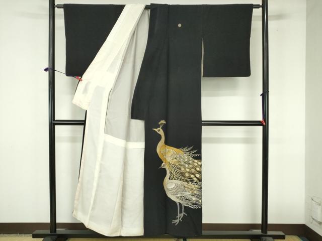 平和屋着物▼豪華黒留袖　総刺繍　孔雀　金銀糸　正絹　逸品　DABI5359op
