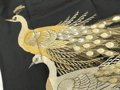 平和屋着物▼豪華黒留袖　総刺繍　孔雀　金銀糸　正絹　逸品　DABI5359op