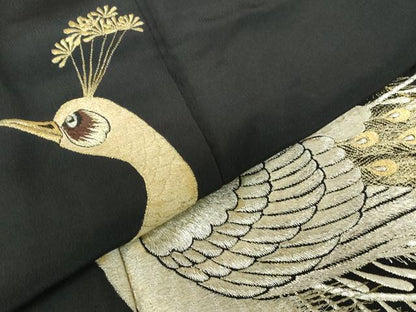 平和屋着物▼豪華黒留袖　総刺繍　孔雀　金銀糸　正絹　逸品　DABI5359op