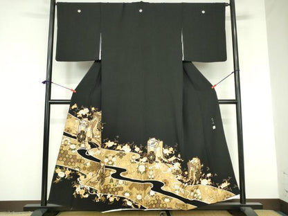 平和屋着物●螺鈿作家　甲斐泰造　黒留袖　螺鈿　御所車花文　金彩　正絹　逸品　DABI5369op