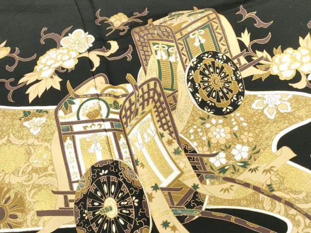 平和屋着物●螺鈿作家　甲斐泰造　黒留袖　螺鈿　御所車花文　金彩　正絹　逸品　DABI5369op