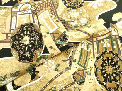 平和屋着物●螺鈿作家　甲斐泰造　黒留袖　螺鈿　御所車花文　金彩　正絹　逸品　DABI5369op