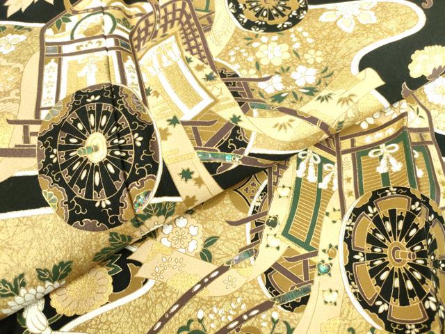 平和屋着物●螺鈿作家　甲斐泰造　黒留袖　螺鈿　御所車花文　金彩　正絹　逸品　DABI5369op