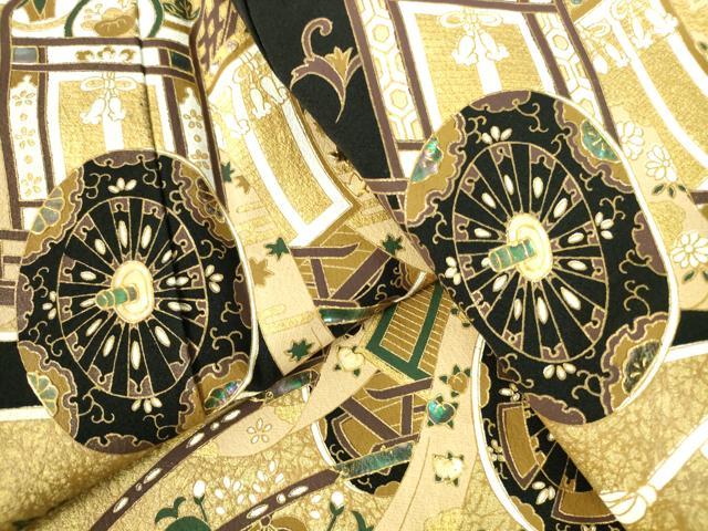 平和屋着物●螺鈿作家　甲斐泰造　黒留袖　螺鈿　御所車花文　金彩　正絹　逸品　DABI5369op
