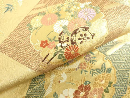 平和屋本店▼六通柄袋帯　唐織　雪輪飛鶴花文　本金箔　正絹　逸品　DABI5416op
