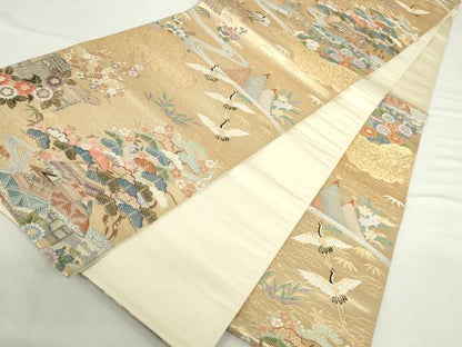 平和屋本店▼六通柄袋帯　唐織　松寿秀花文　本金糸　正絹　逸品　DABI5420op
