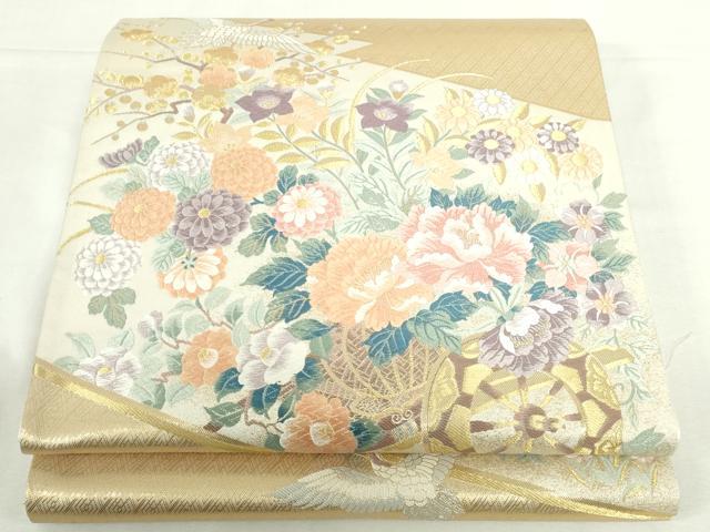 平和屋本店▼西陣の老舗　1782年創業　山下織物　六通柄袋帯　唐織　松皮取花車と鶴　純金箔　正絹　逸品　DABI5423op