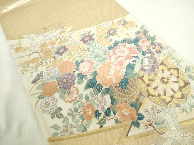 平和屋本店▼西陣の老舗　1782年創業　山下織物　六通柄袋帯　唐織　松皮取花車と鶴　純金箔　正絹　逸品　DABI5423op