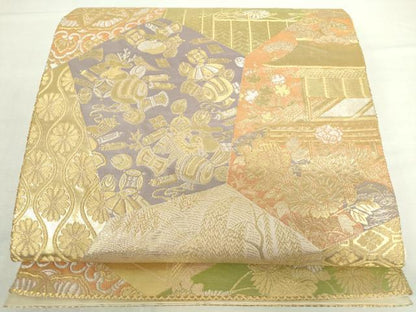 平和屋本店▼六通柄袋帯　裂取蒔絵文　手織二重箔　純金箔　正絹　逸品　DABI5425op