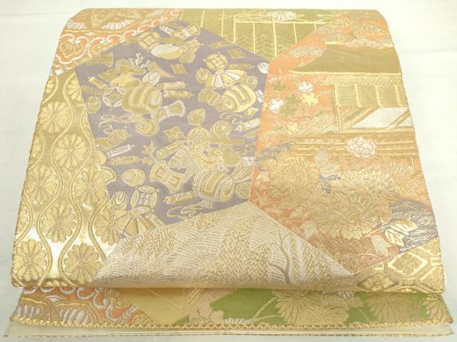 平和屋本店▼六通柄袋帯　裂取蒔絵文　手織二重箔　純金箔　正絹　逸品　DABI5425op