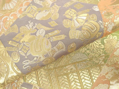 平和屋本店▼六通柄袋帯　裂取蒔絵文　手織二重箔　純金箔　正絹　逸品　DABI5425op