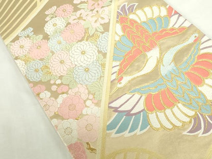 平和屋本店▼六通柄袋帯　唐織　双鶴花文　純金箔　正絹　逸品　DABI5435op