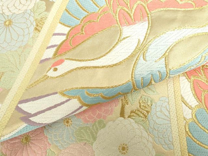 平和屋本店▼六通柄袋帯　唐織　双鶴花文　純金箔　正絹　逸品　DABI5435op