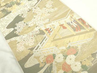 平和屋本店▼西陣まいづる謹製　六通柄袋帯　唐織　雲取庭園紋　純金箔　正絹　逸品　DABI5438op