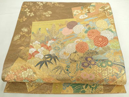 平和屋本店▼六通柄袋帯　唐織　御所車色紙花文　本金箔　正絹　逸品　DABI5443op