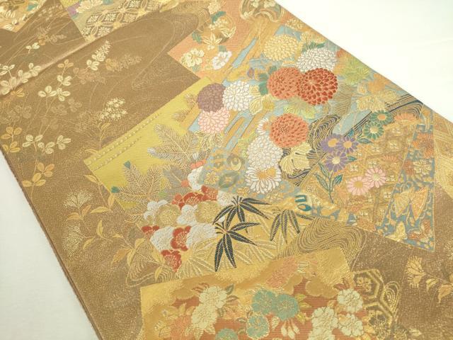 平和屋本店▼六通柄袋帯　唐織　御所車色紙花文　本金箔　正絹　逸品　DABI5443op