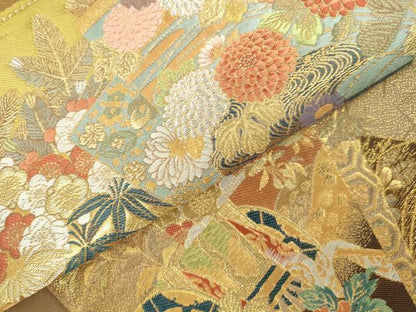 平和屋本店▼六通柄袋帯　唐織　御所車色紙花文　本金箔　正絹　逸品　DABI5443op