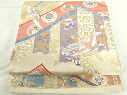 平和屋本店▼六通柄袋帯　唐織　飛鶴吉祥花松文　九百錦　純金箔　正絹　逸品　DABI5449op