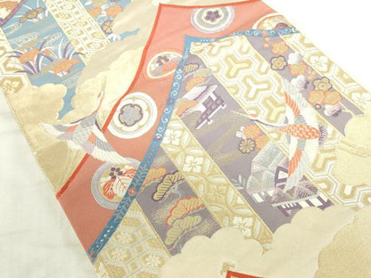 平和屋本店▼六通柄袋帯　唐織　飛鶴吉祥花松文　九百錦　純金箔　正絹　逸品　DABI5449op