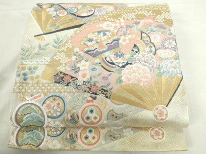 平和屋本店▼六通柄袋帯　唐織　扇面楽器花文　九百錦袋純金箔　正絹　逸品　DABI5451op