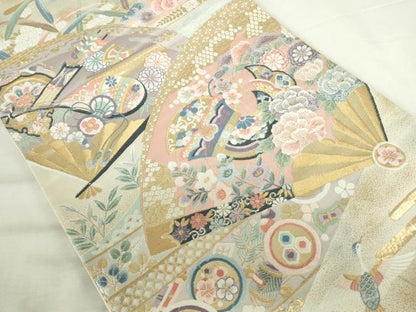 平和屋本店▼六通柄袋帯　唐織　扇面楽器花文　九百錦袋純金箔　正絹　逸品　DABI5451op