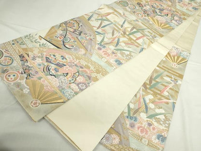平和屋本店▼六通柄袋帯　唐織　扇面楽器花文　九百錦袋純金箔　正絹　逸品　DABI5451op