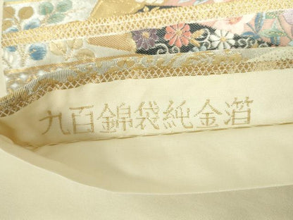平和屋本店▼六通柄袋帯　唐織　扇面楽器花文　九百錦袋純金箔　正絹　逸品　DABI5451op