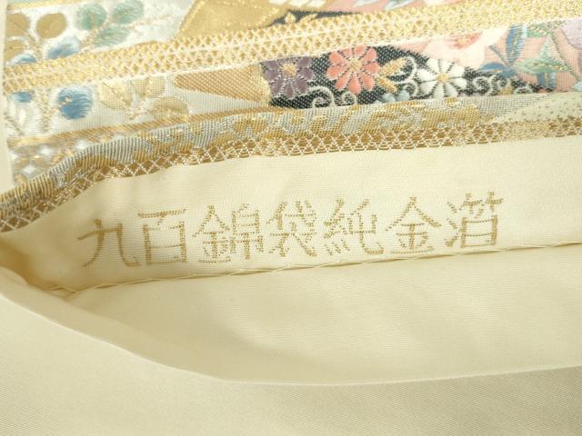 平和屋本店▼六通柄袋帯　唐織　扇面楽器花文　九百錦袋純金箔　正絹　逸品　DABI5451op
