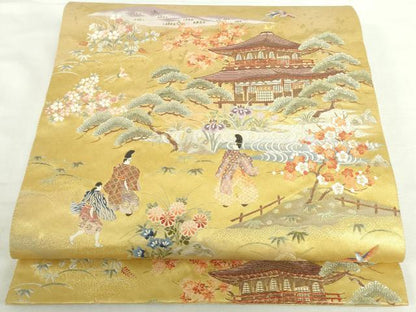 平和屋本店●太鼓柄袋帯　唐織　障碧桃山　都大路絵文　金泥箔　本金箔　正絹　逸品　DABI5457op