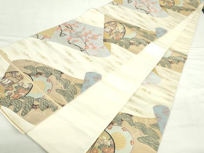 平和屋本店▼六通柄袋帯　唐織　王朝絵巻之図　24純金箔　正絹　逸品　DABI5459op