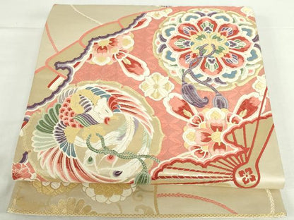 平和屋本店▼六通柄袋帯　唐織　扇面鳳凰花文　九百錦純金箔24K　正絹　逸品　DABI5470op