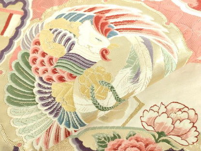 平和屋本店▼六通柄袋帯　唐織　扇面鳳凰花文　九百錦純金箔24K　正絹　逸品　DABI5470op