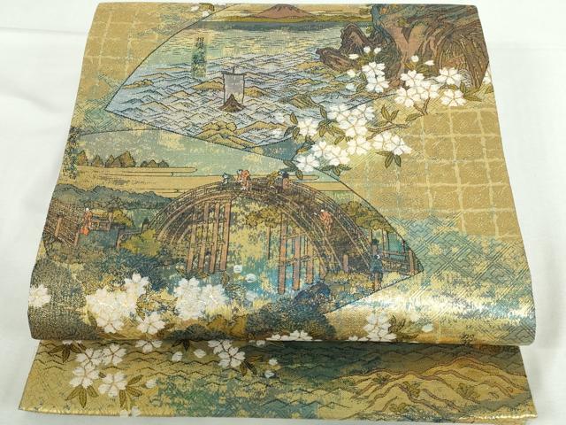 平和屋本店▼全通全景柄袋帯　北斉と廣重諸国名所めぐり　本金箔　正絹　逸品　DABI5472op