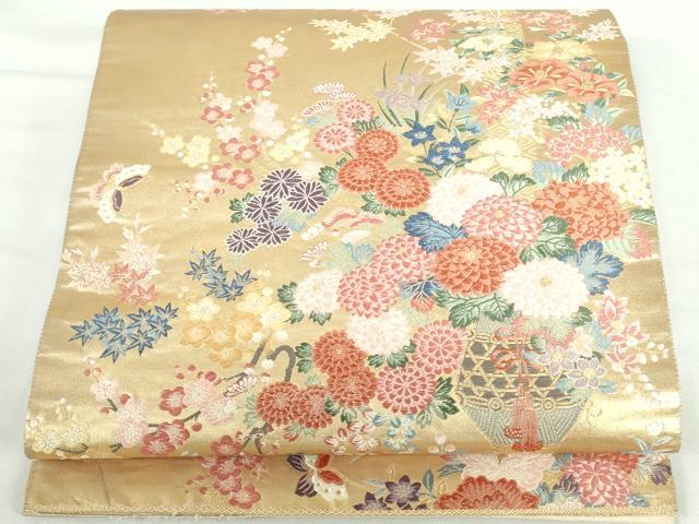 平和屋本店▼六通柄袋帯　唐織　舞蝶花文　本金二丁箔　正絹　逸品　DABI5475op