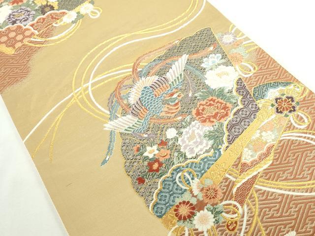 平和屋本店▼六通柄袋帯　唐織　扇面鳳凰花文　本金箔　正絹　逸品　DABI5477op