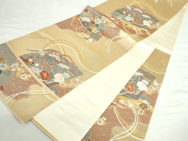平和屋本店▼六通柄袋帯　唐織　扇面鳳凰花文　本金箔　正絹　逸品　DABI5477op