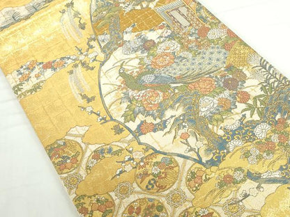 平和屋本店▼西陣　岡文織物謹製　六通柄袋帯　豊麗孔雀文　本金箔　証紙付き　正絹　逸品　DABI5482op