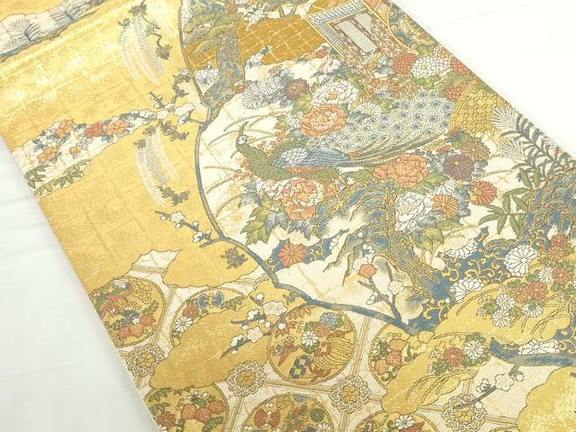 平和屋本店▼西陣　岡文織物謹製　六通柄袋帯　豊麗孔雀文　本金箔　証紙付き　正絹　逸品　DABI5482op